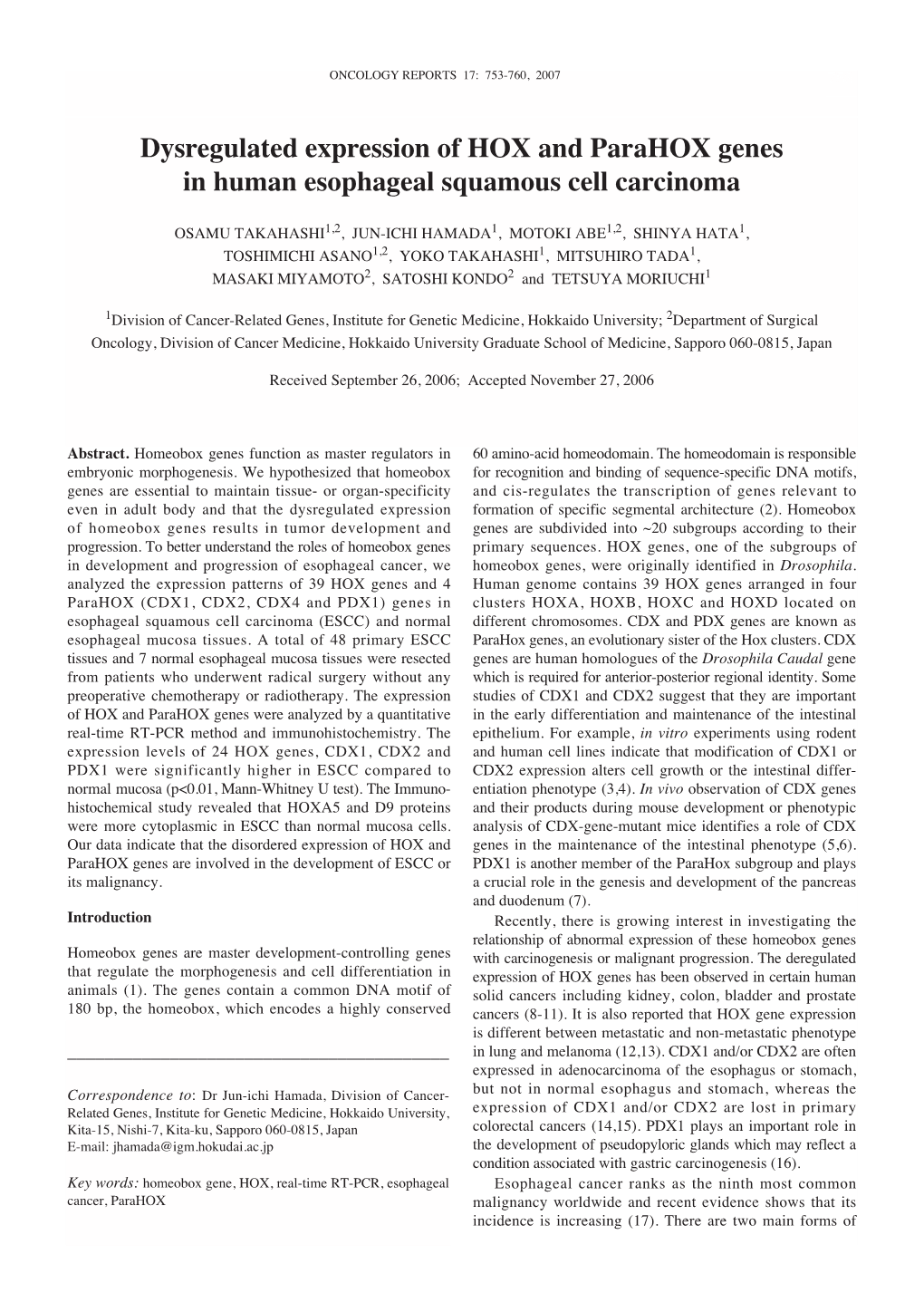 Dysregulated Expression of HOX and Parahox Genes in Human Esophageal Squamous Cell Carcinoma