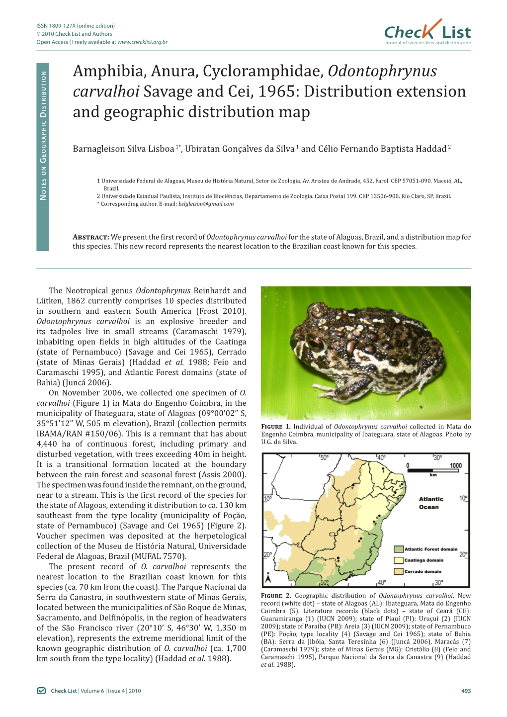 Amphibia, Anura, Cycloramphidae, Odontophrynus Carvalhoi Savage and Cei, 1965: Distribution Extension Istributio