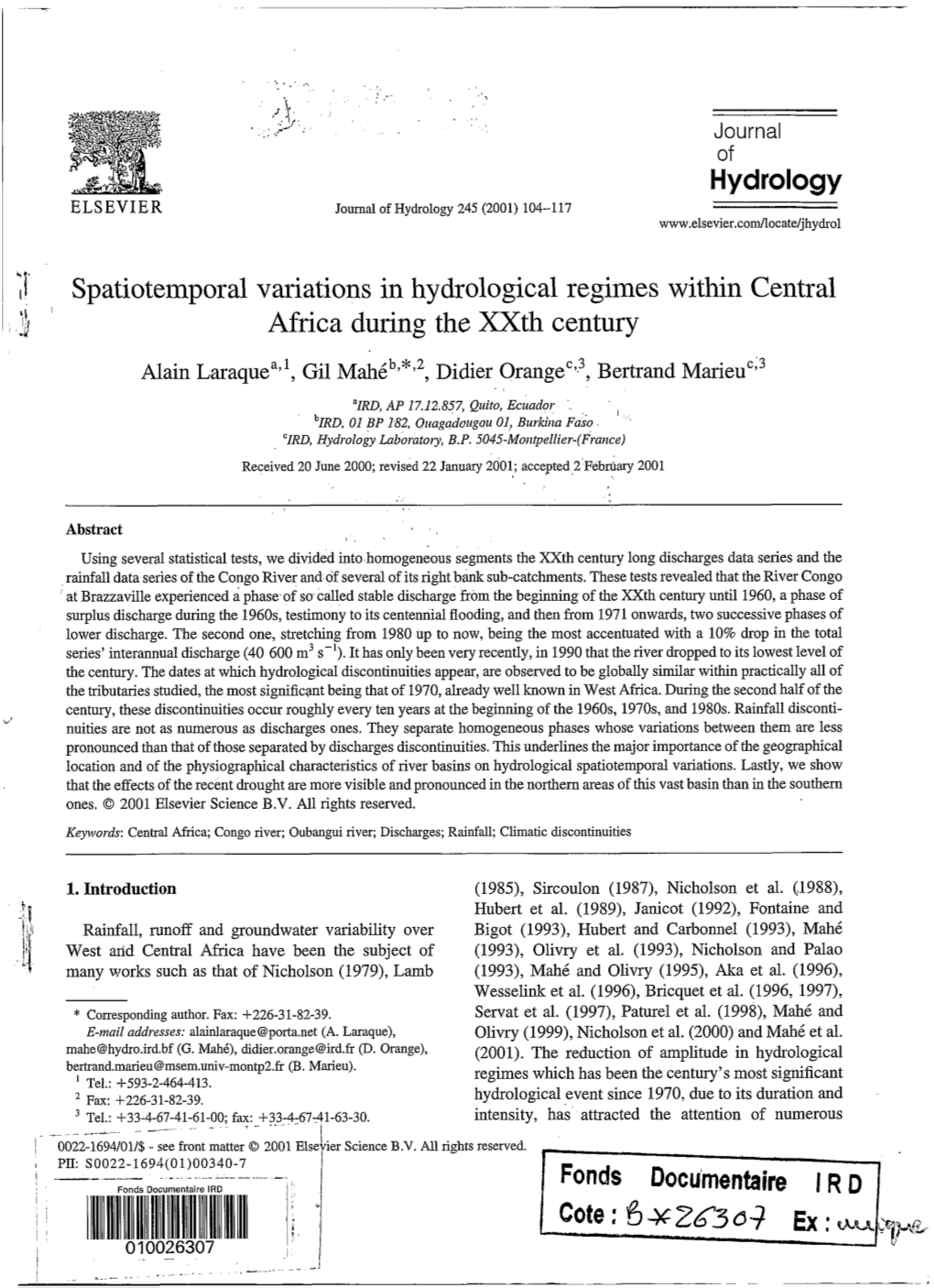 Spatiotemporal Variations in Hydrological Regimes Within Central Africa During the Xxth Century