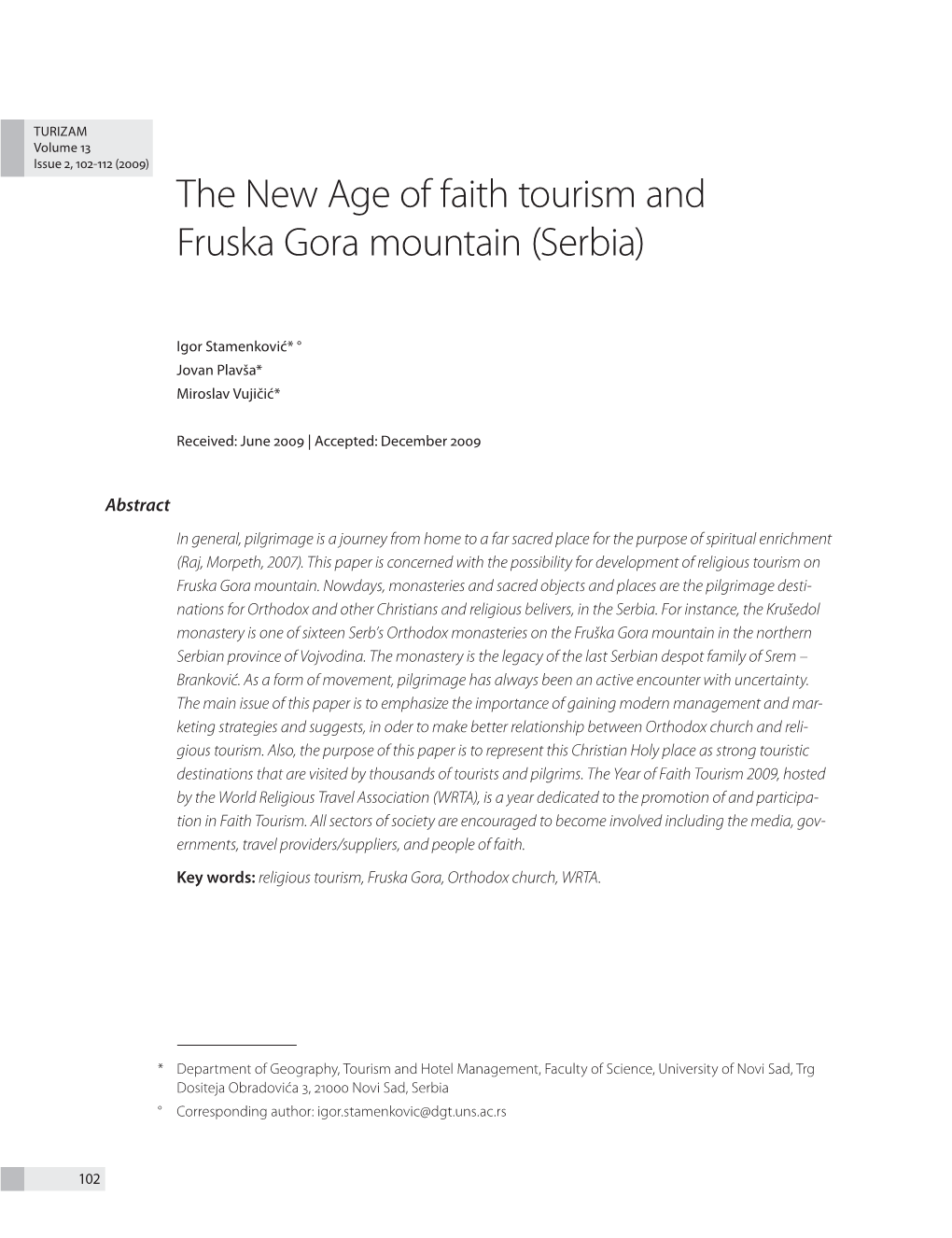 The New Age of Faith Tourism and Fruska Gora Mountain (Serbia)