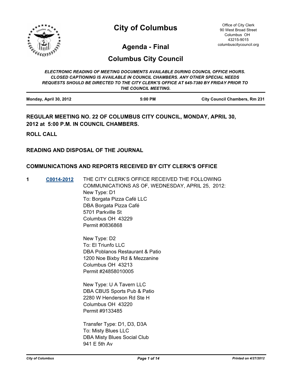 City of Columbus 90 West Broad Street Columbus OH 43215-9015 Agenda - Final Columbuscitycouncil.Org Columbus City Council