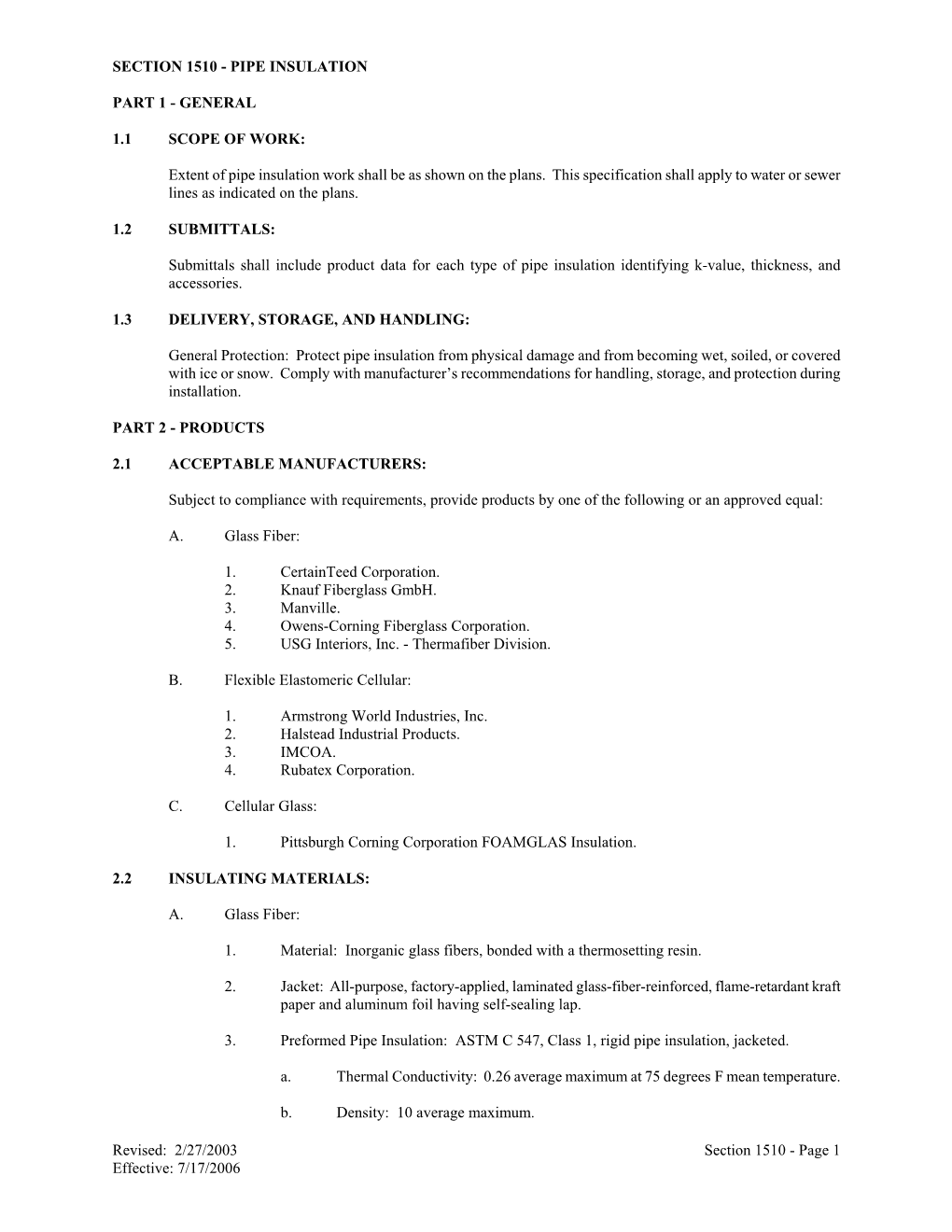 Section 1510 Pipe Insulation