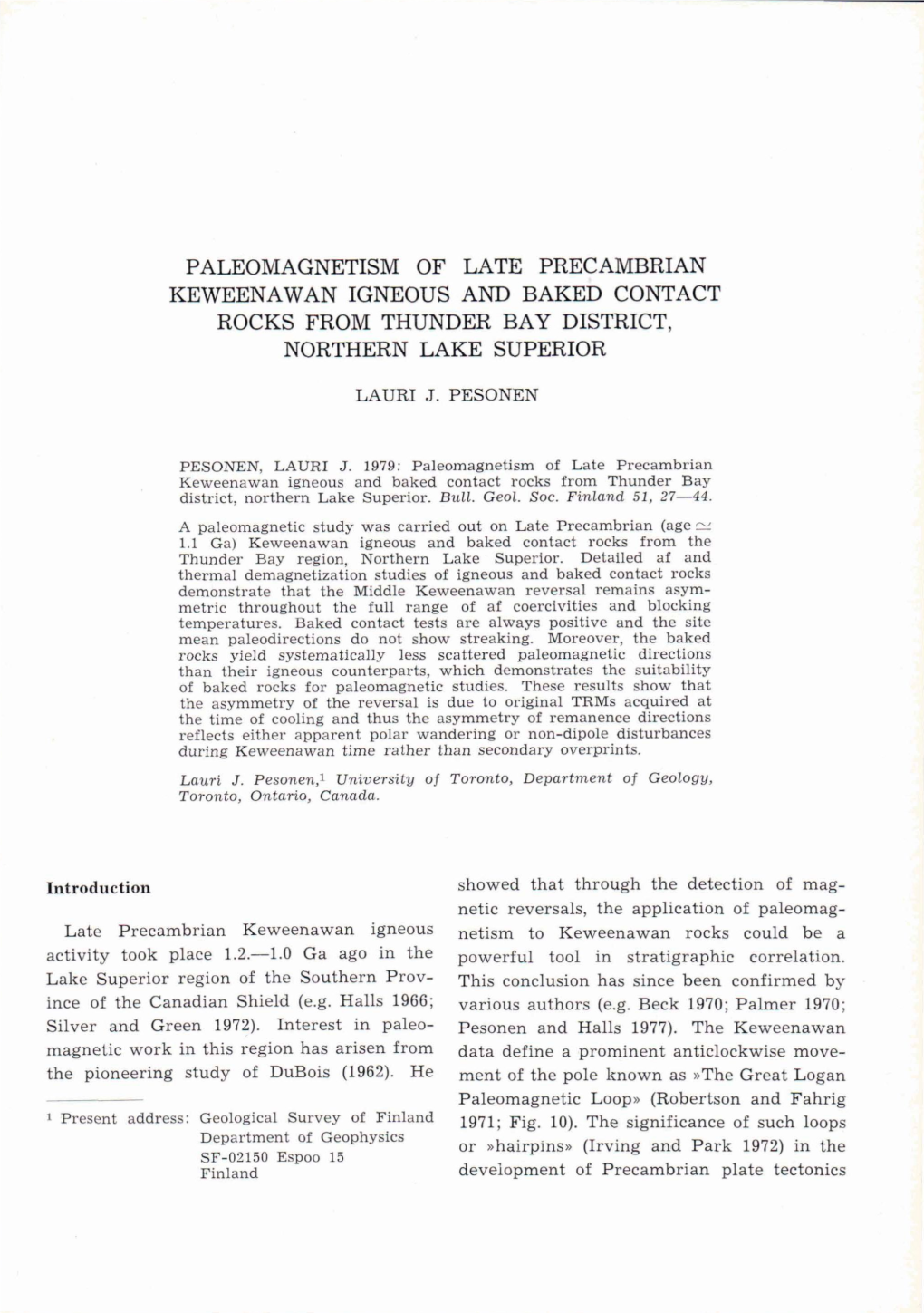 Paleomagnetism of Late Precambrian Keweenawan Igneous and Baked Contact Rocks from Thunder Bay District, Northern Lake Superior