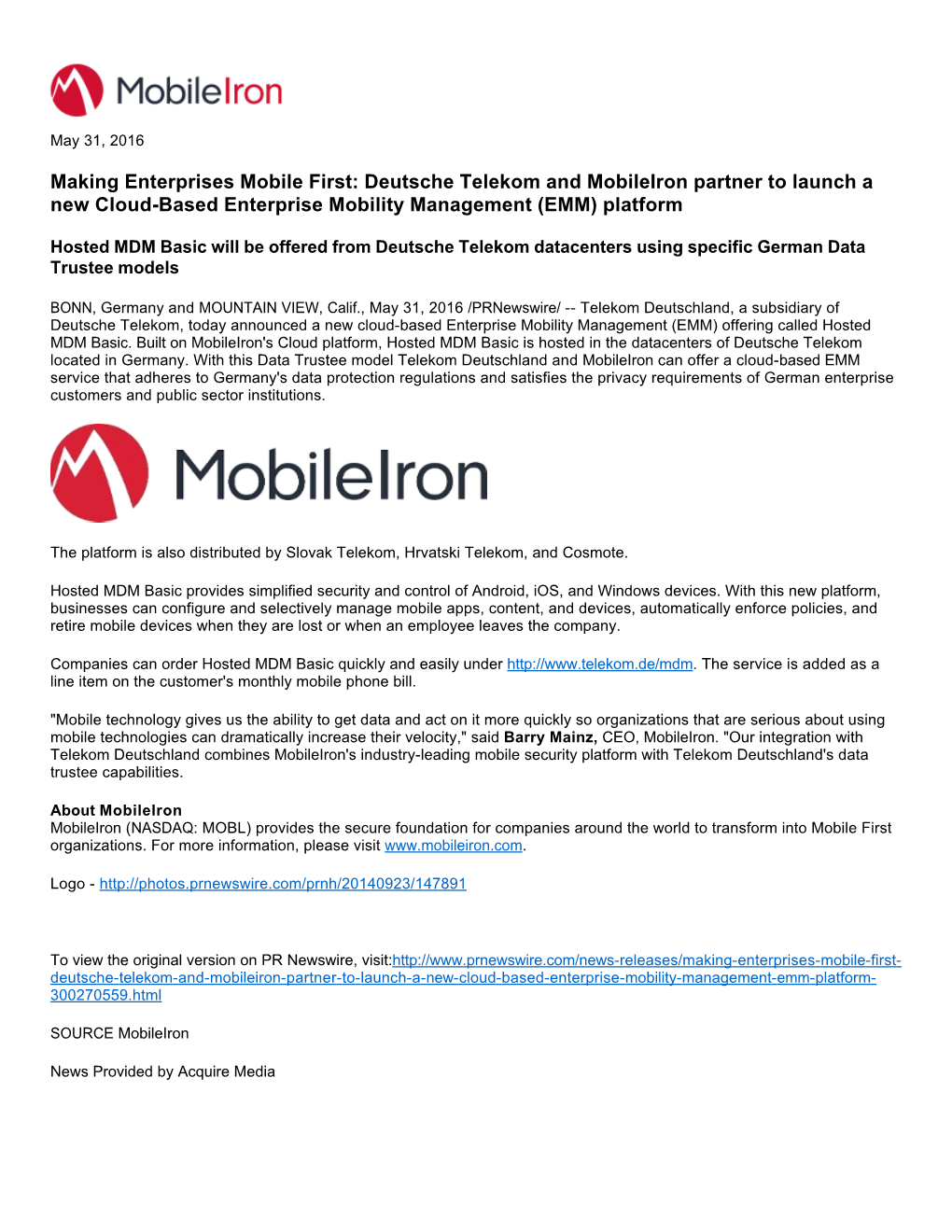 Deutsche Telekom and Mobileiron Partner to Launch a New Cloud-Based Enterprise Mobility Management (EMM) Platform