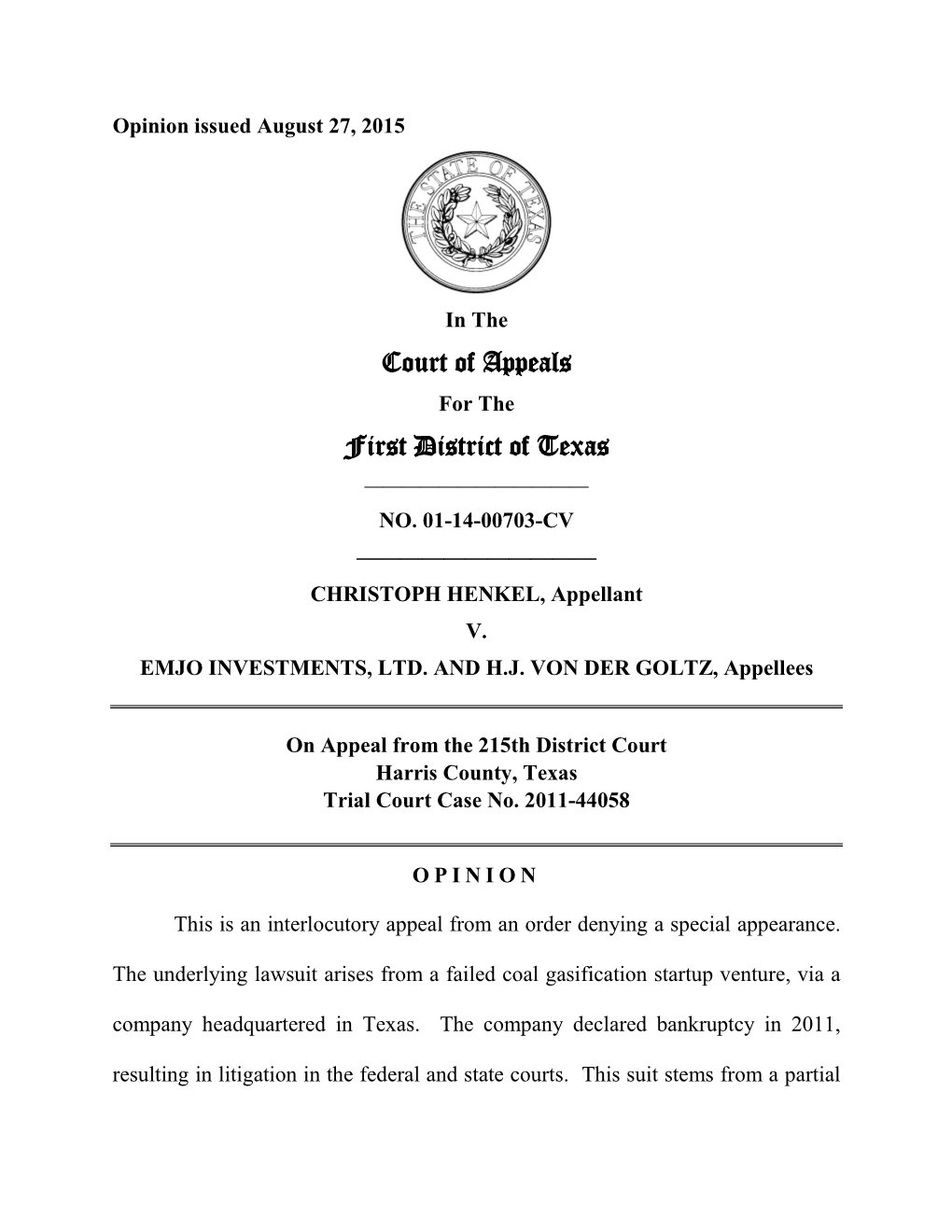 Court of Appeals First District of Texas