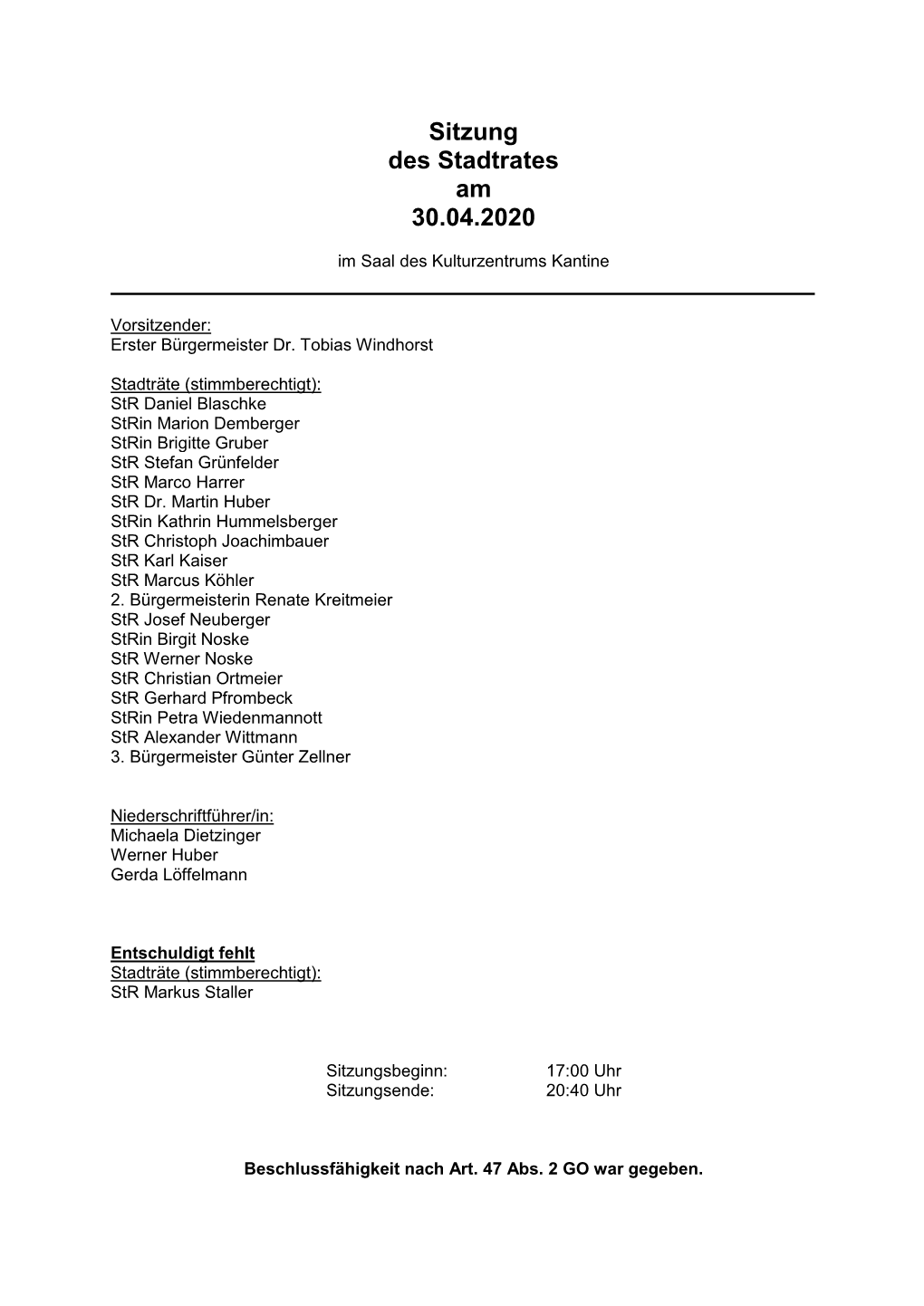 Sitzung Des Stadtrates Am 30.04.2020