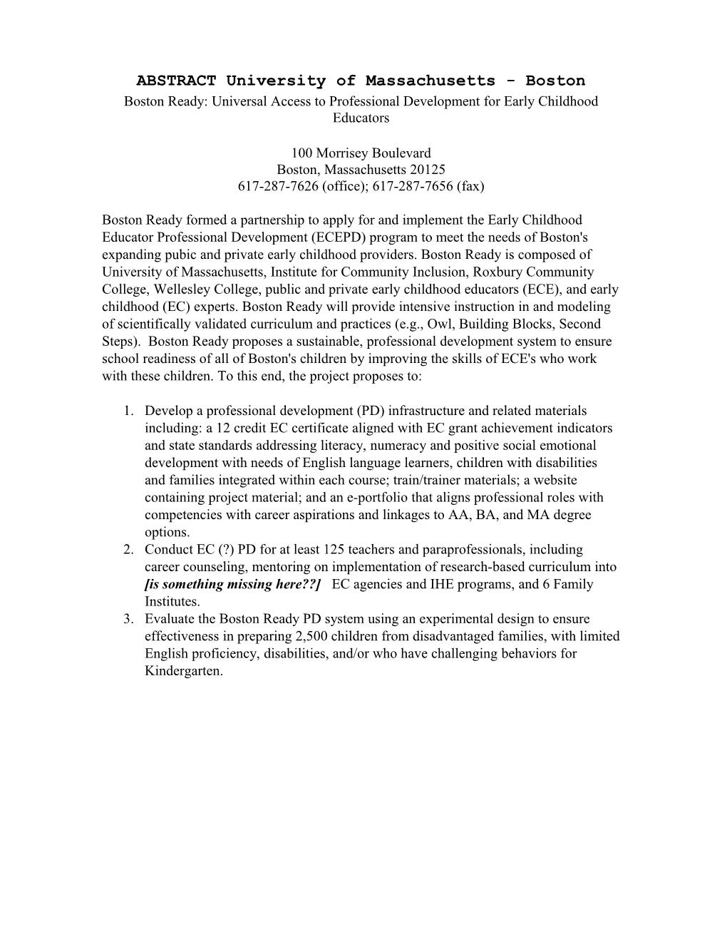 Early Childhood Professional Development FY 2006 Abstracts (MS WORD)