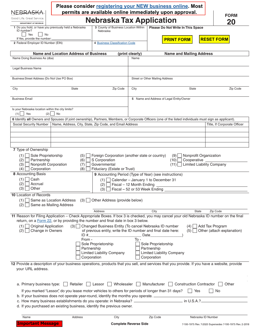 Nebraska Tax Application, Form 20