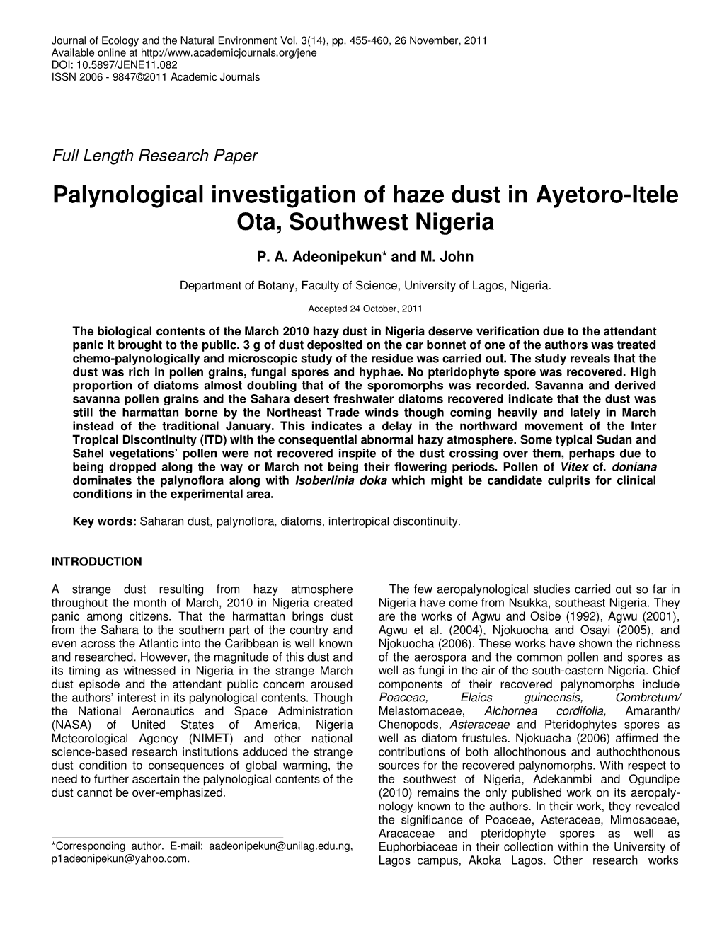 Palynological Investigation of Haze Dust in Ayetoro-Itele Ota, Southwest Nigeria