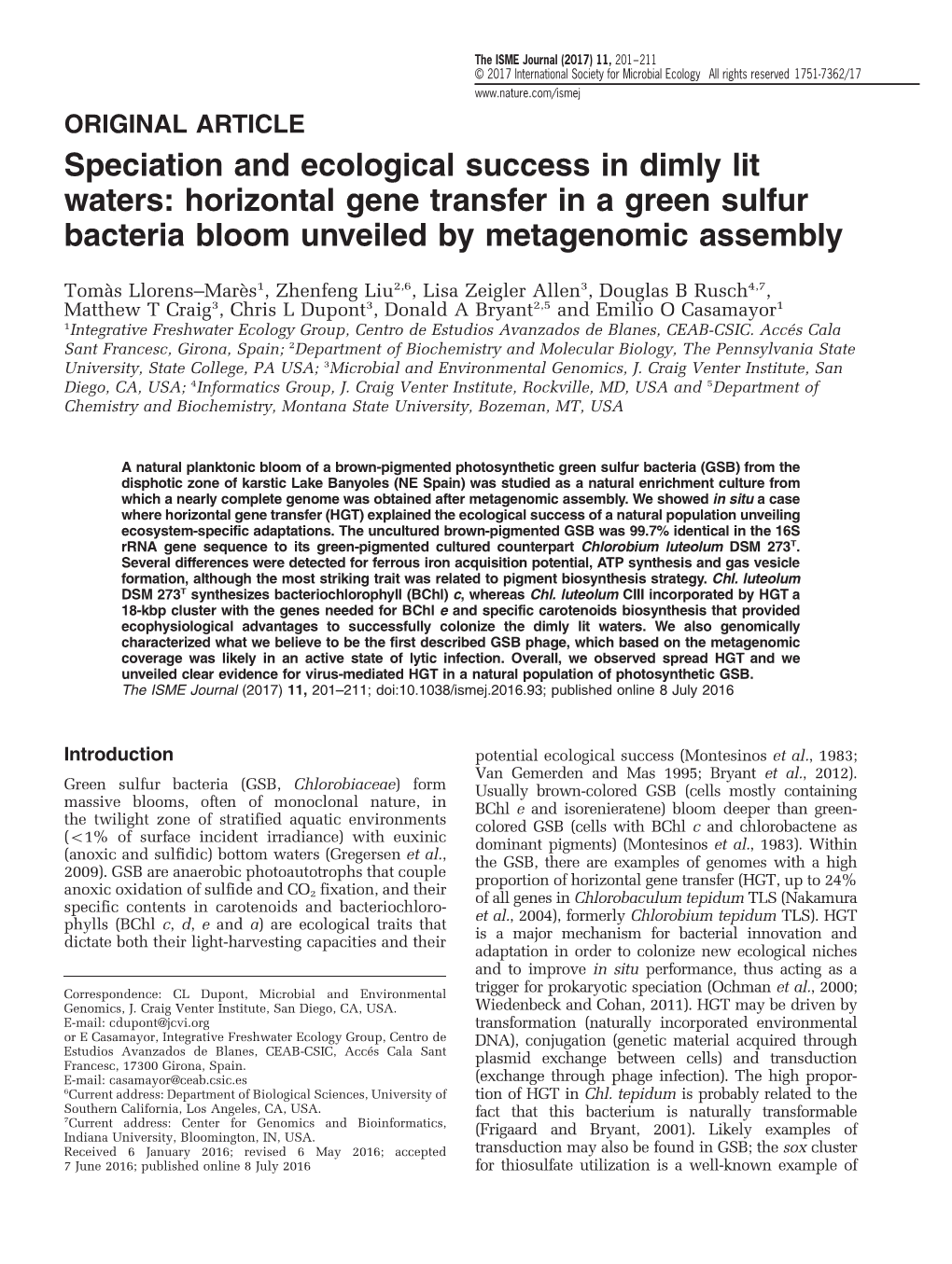 Speciation and Ecological Success in Dimly Lit Waters: Horizontal Gene Transfer in a Green Sulfur Bacteria Bloom Unveiled by Metagenomic Assembly