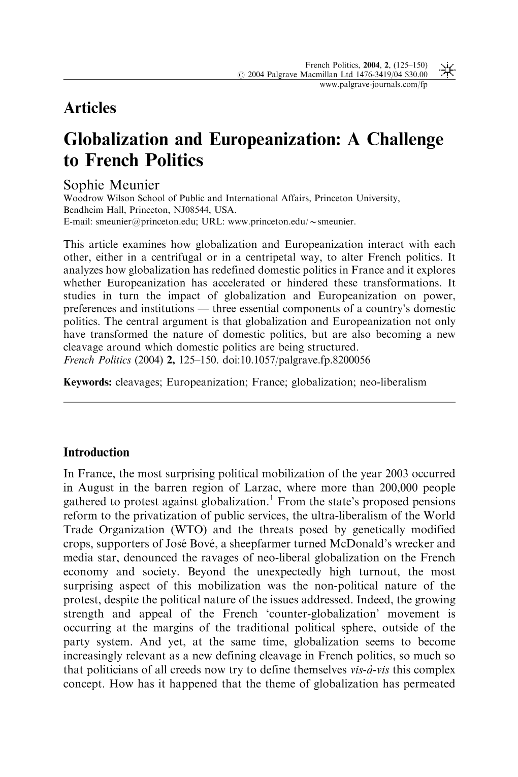 Globalization and Europeanization: a Challenge to French Politics