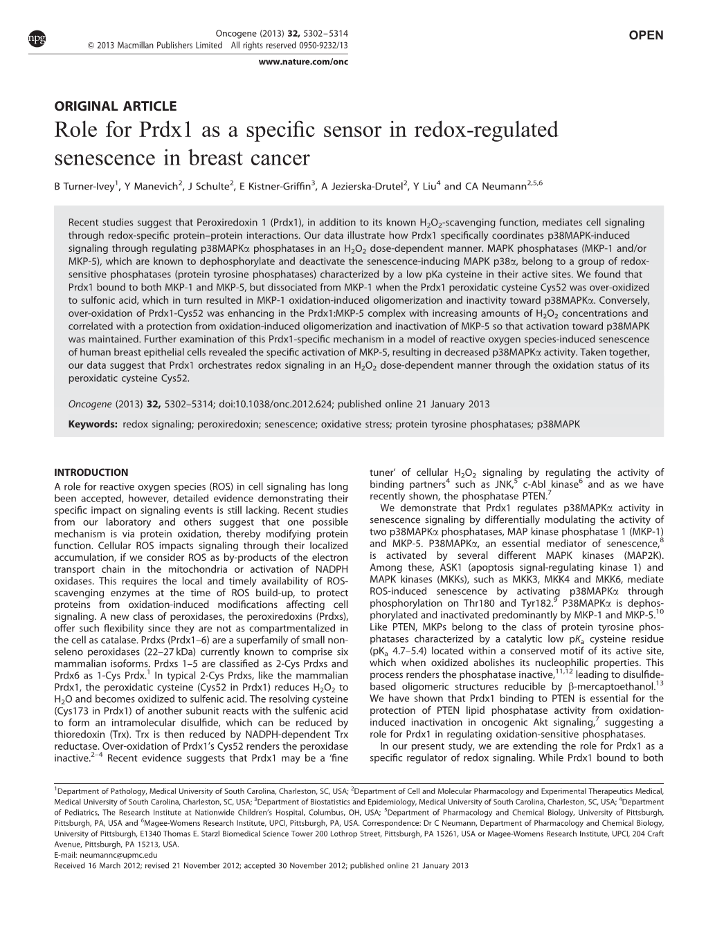 Role for Prdx1 As a Specific Sensor in Redox-Regulated Senescence In