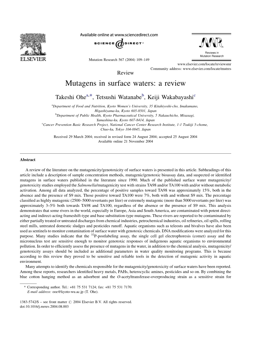 Mutagens in Surface Waters: a Review