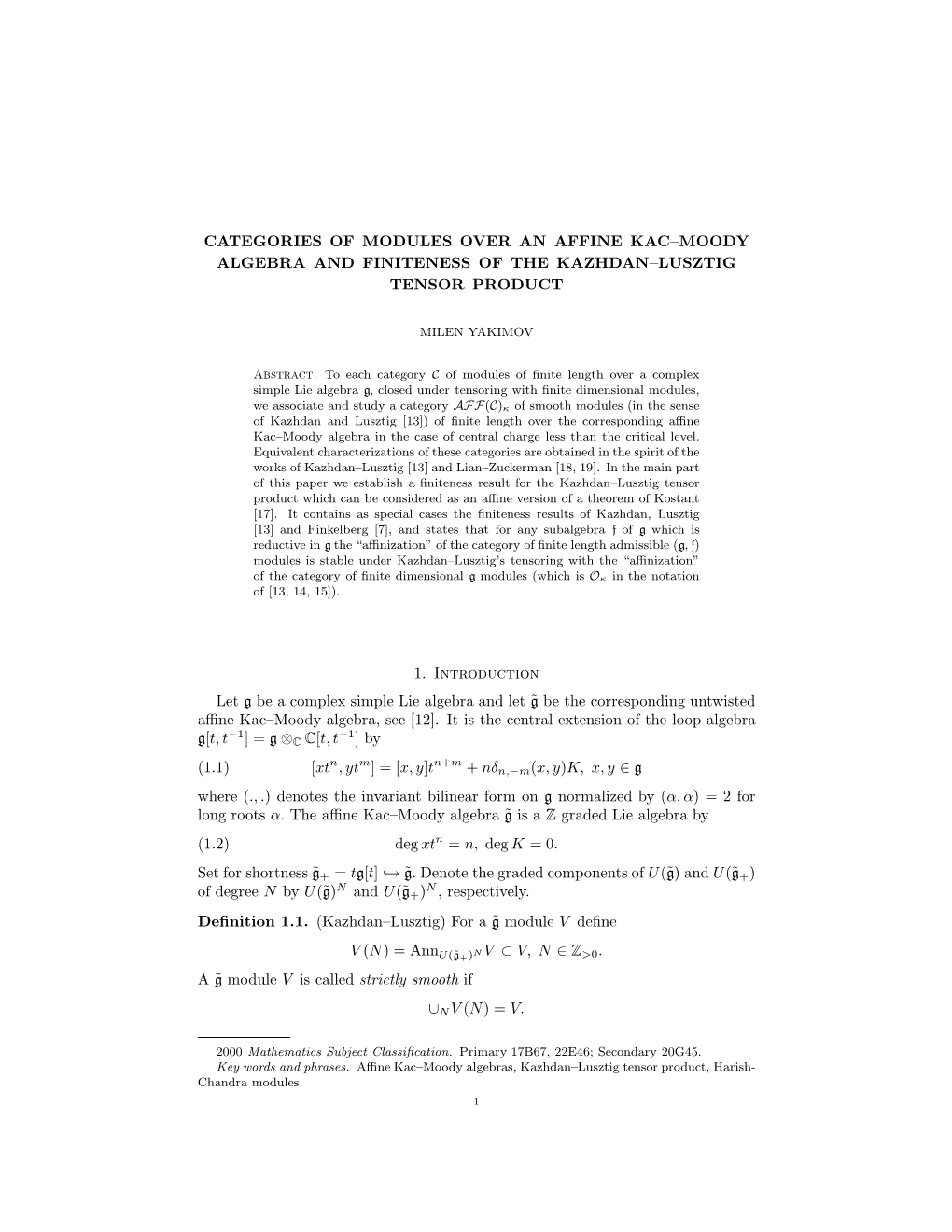 Categories of Modules Over an Affine Kac–Moody Algebra and Finiteness of the Kazhdan–Lusztig Tensor Product