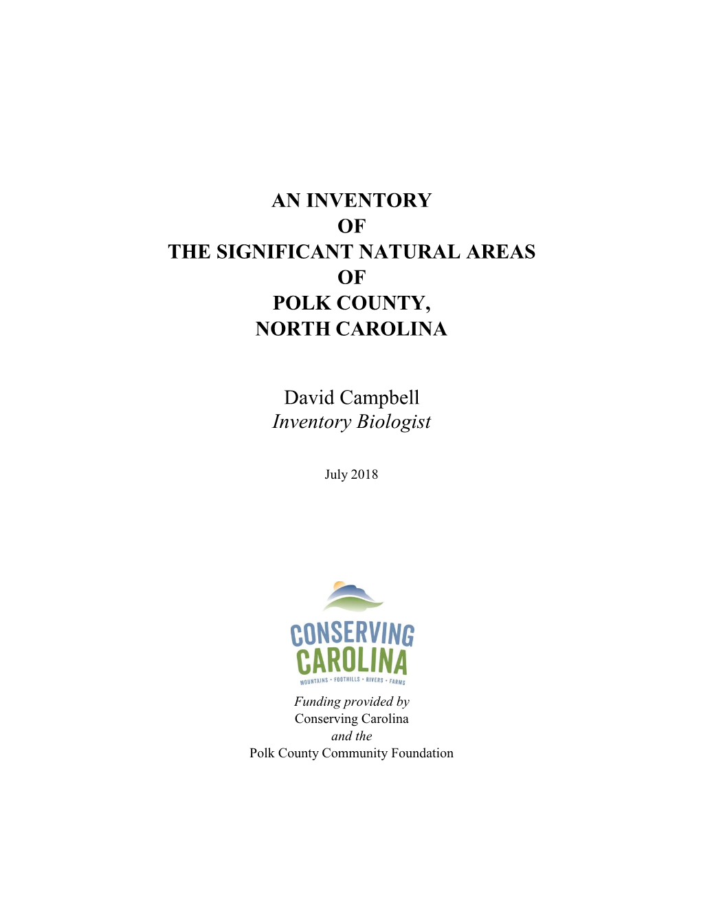 An Inventory of the Significant Natural Areas of Polk County, North Carolina