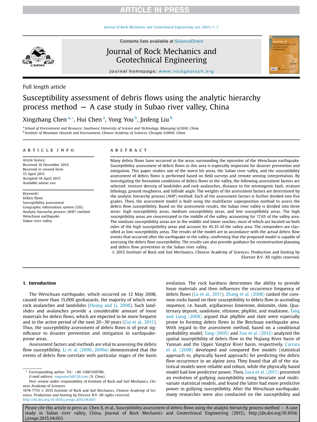 Susceptibility Assessment of Debris Flows Using The