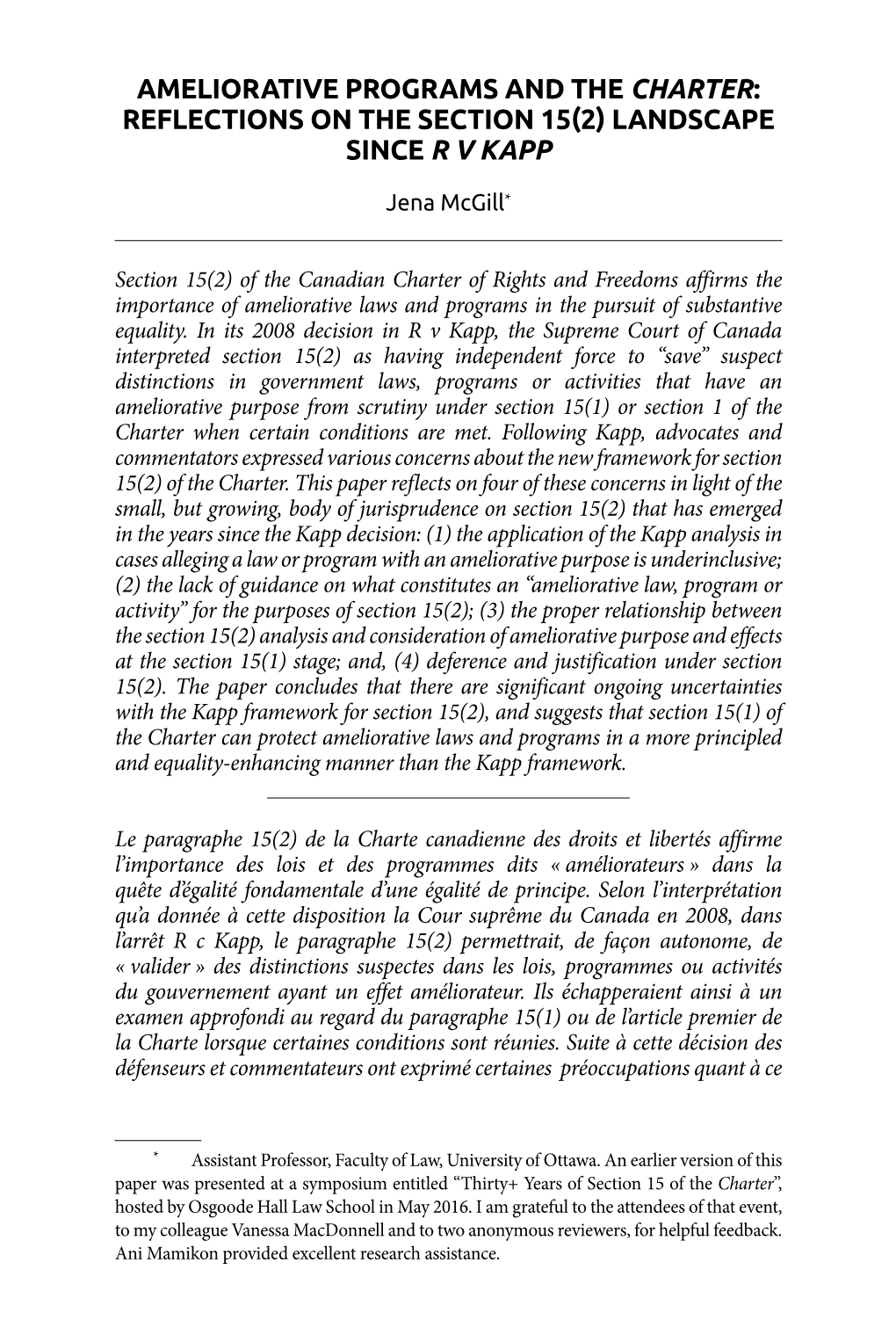 Ameliorative Programs and the Charter: Reflections on the Section 15(2) Landscape Since R V Kapp