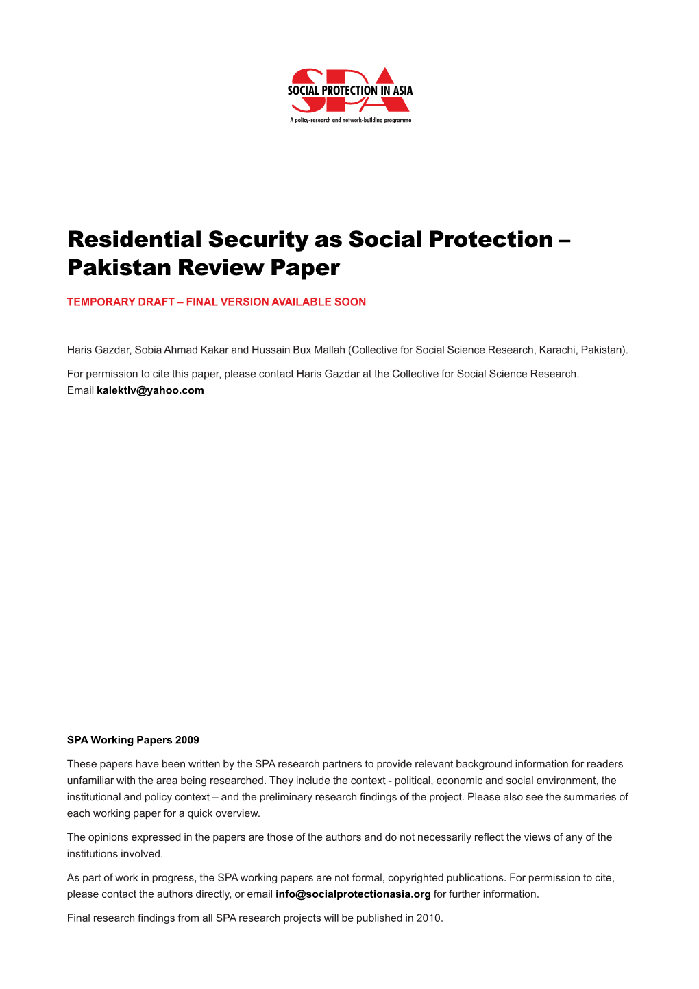 Residential Security As Social Protection – Pakistan Review Paper