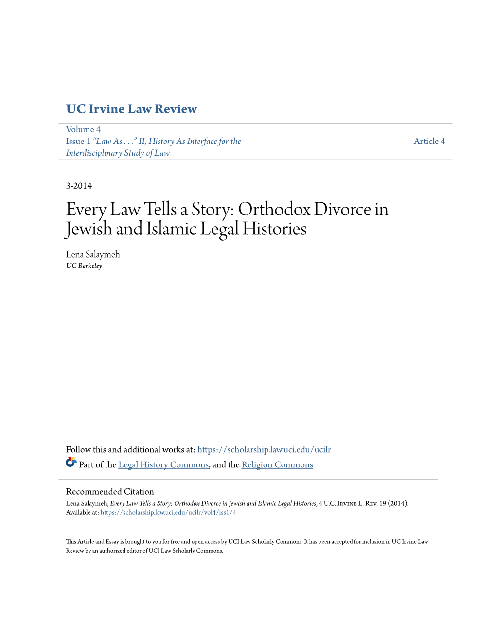 Orthodox Divorce in Jewish and Islamic Legal Histories Lena Salaymeh UC Berkeley