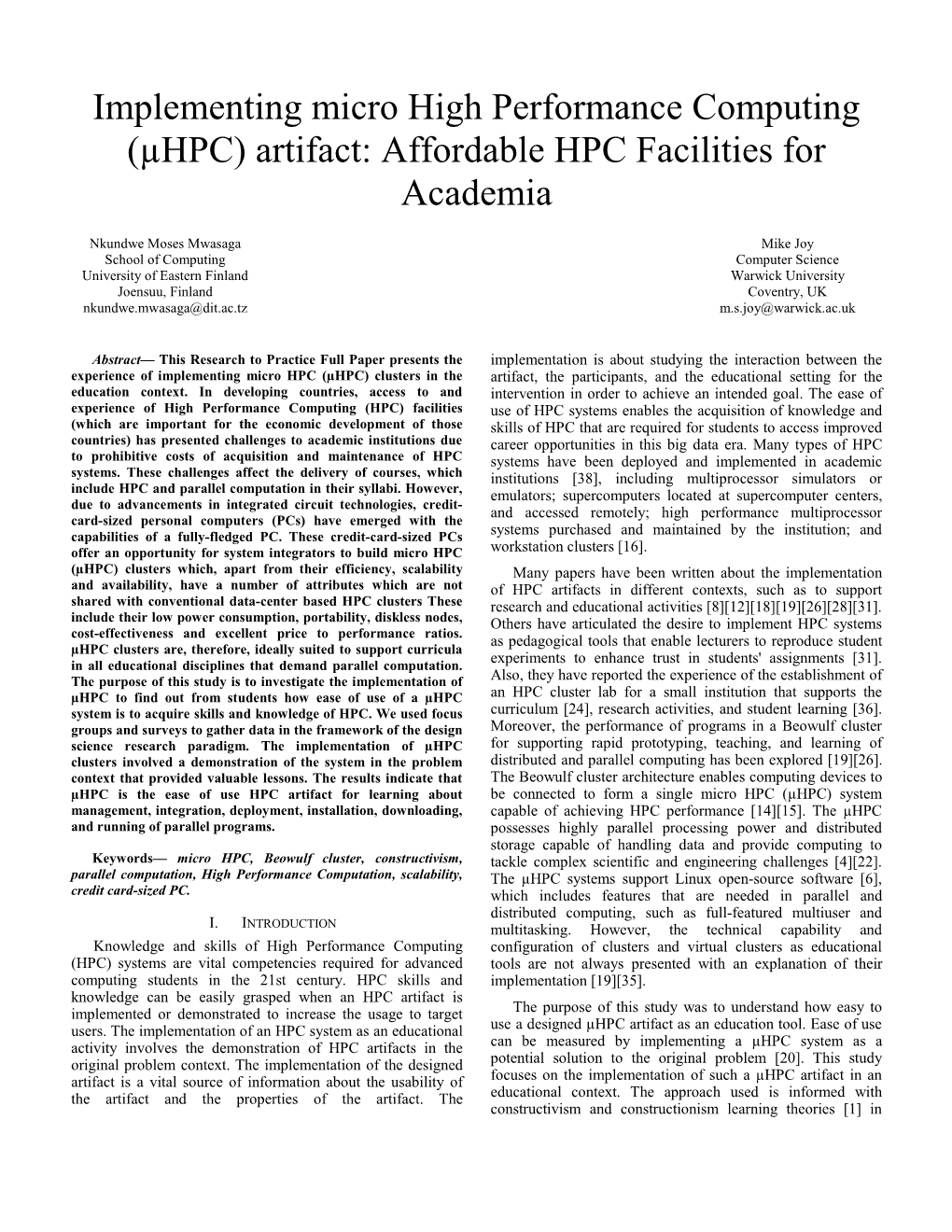 Implementing Micro High Performance Computing (Μhpc) Artifact: Affordable HPC Facilities for Academia