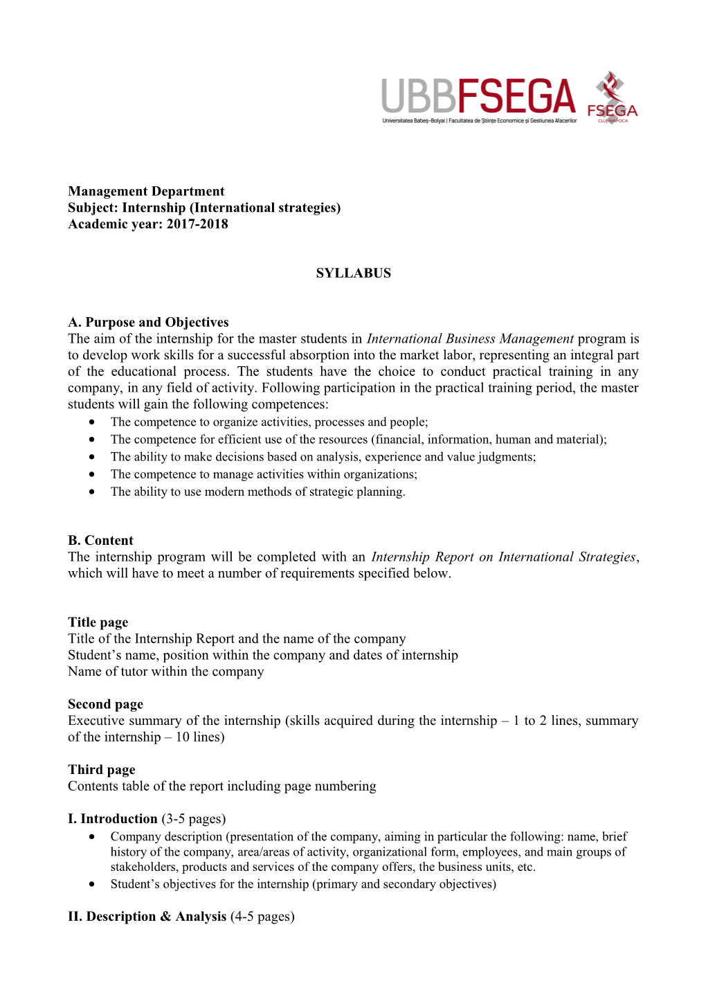 Subject: Internship (International Strategies)