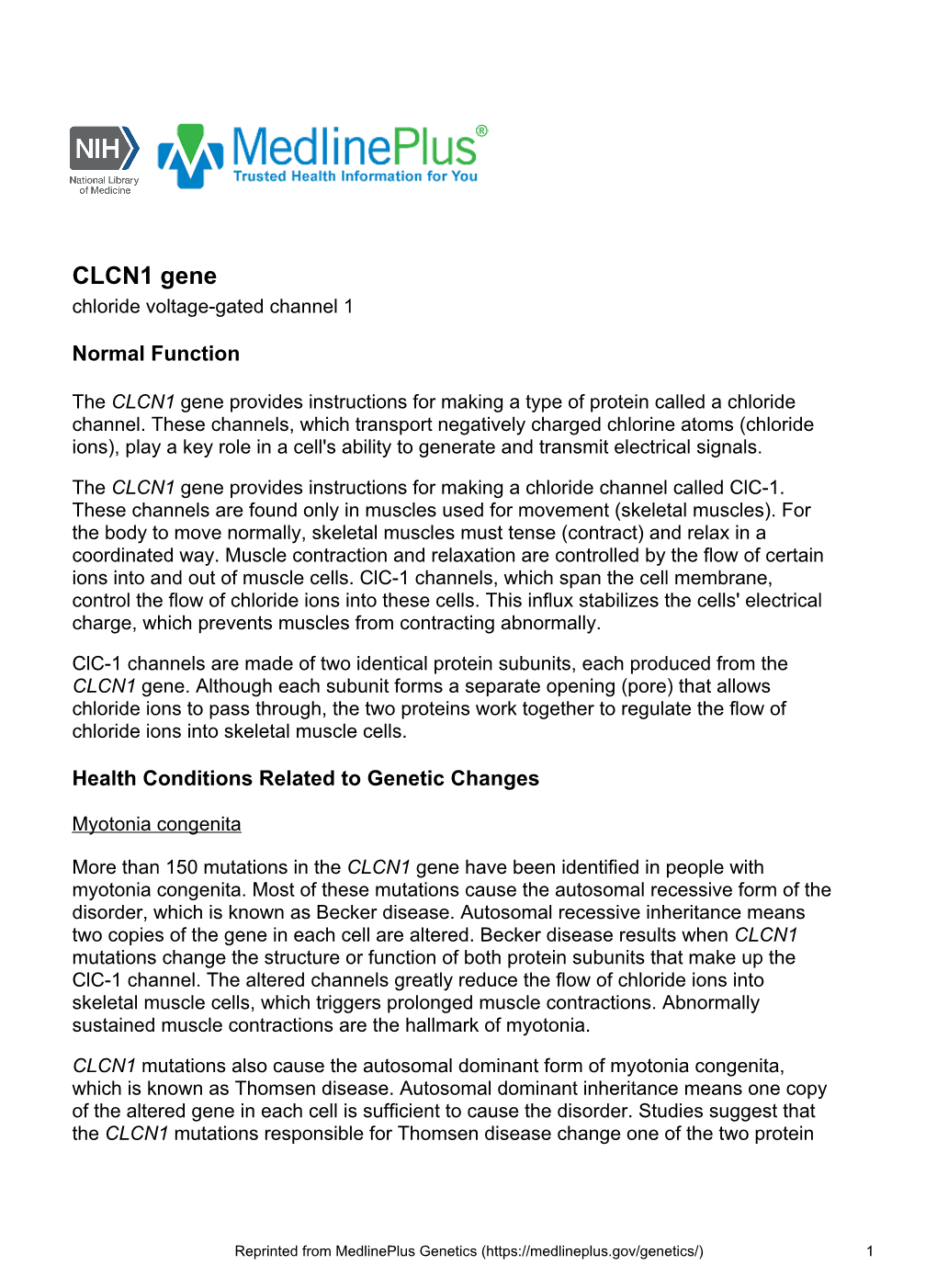 CLCN1 Gene Chloride Voltage-Gated Channel 1