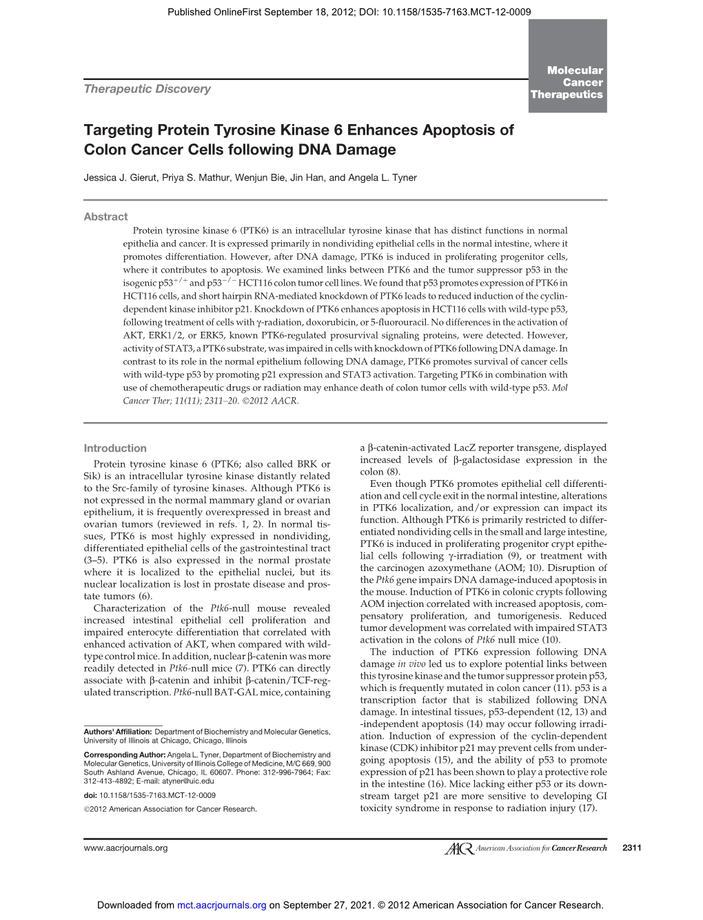 Targeting Protein Tyrosine Kinase 6 Enhances Apoptosis of Colon Cancer Cells Following DNA Damage