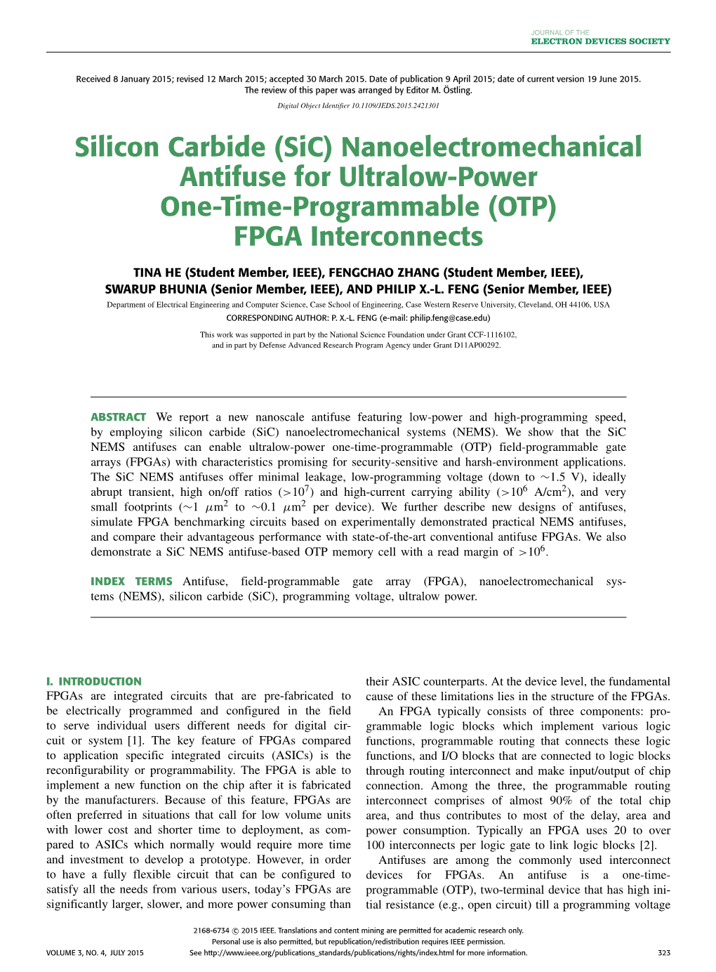 Silicon Carbide (Sic) Nanoelectromechanical Antifuse for Ultralow-Power One-Time-Programmable (OTP) FPGA Interconnects