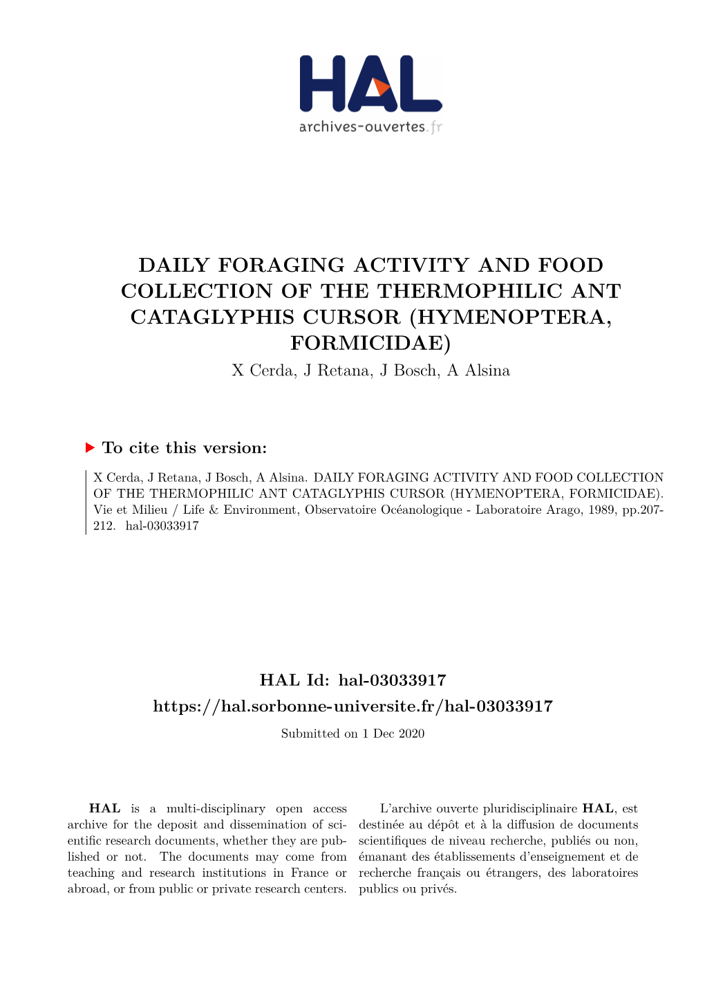 CATAGLYPHIS CURSOR (HYMENOPTERA, FORMICIDAE) X Cerda, J Retana, J Bosch, a Alsina