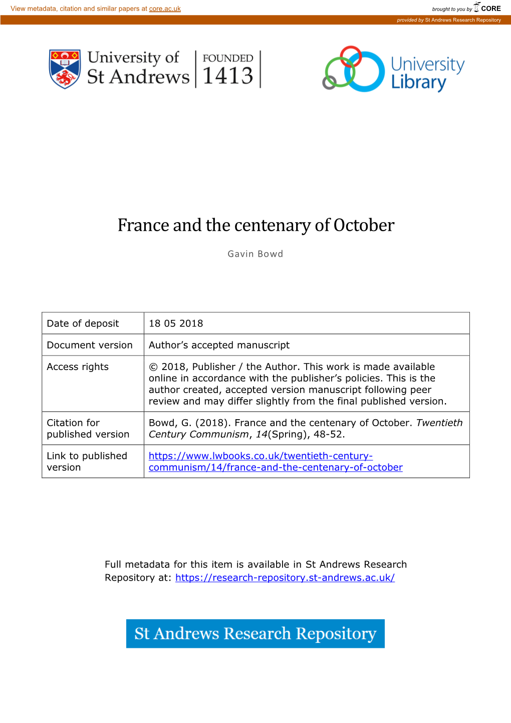 France and the Centenary of October