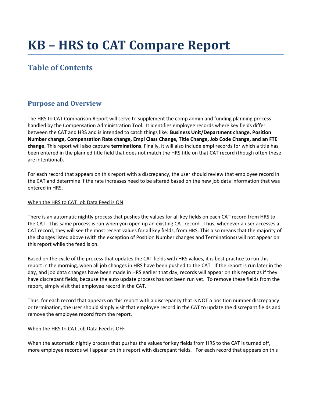 KB HRS to CAT Compare Report