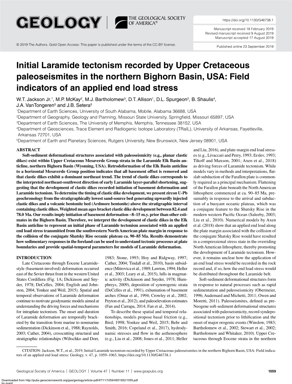 Initial Laramide Tectonism Recorded by Upper Cretaceous Paleoseismites in the Northern Bighorn Basin, USA: Field Indicators of an Applied End Load Stress W.T