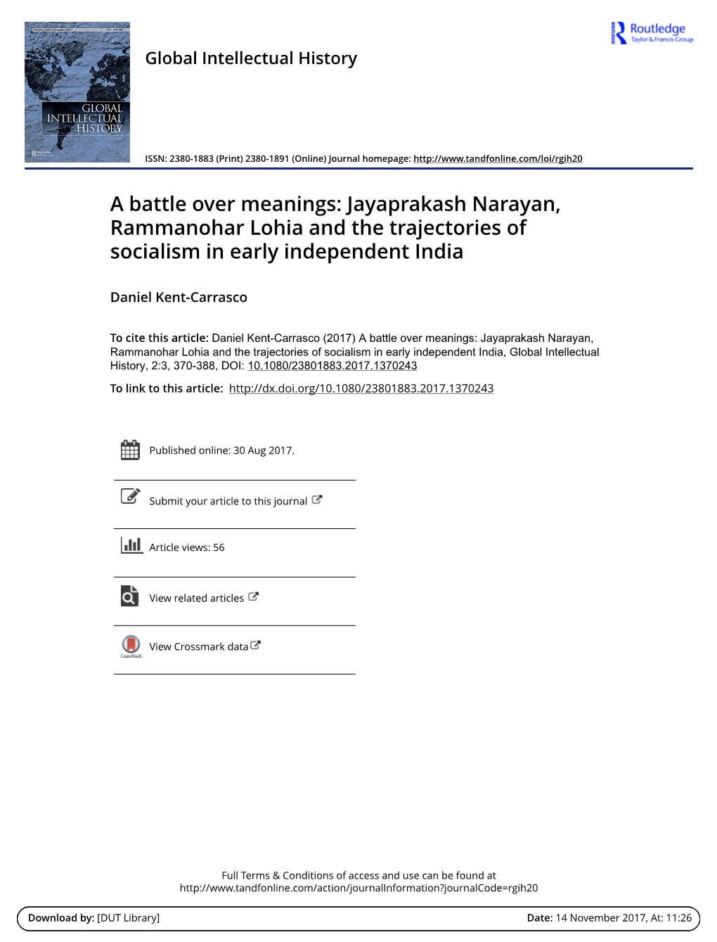 A Battle Over Meanings: Jayaprakash Narayan, Rammanohar Lohia and the Trajectories of Socialism in Early Independent India