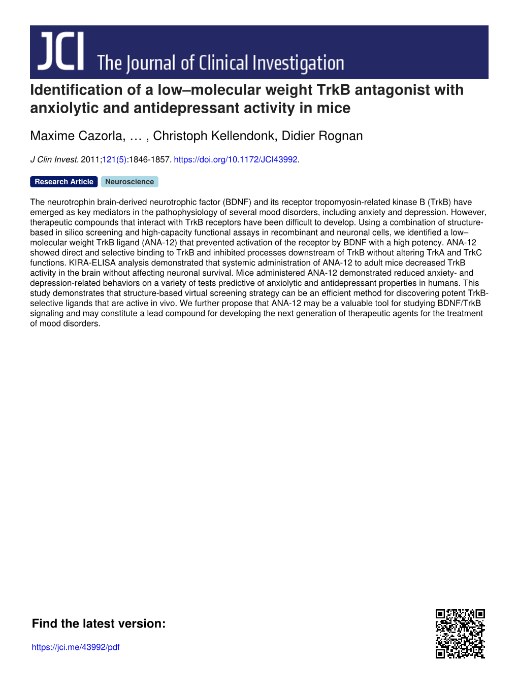Identification of a Low–Molecular Weight Trkb Antagonist with Anxiolytic and Antidepressant Activity in Mice