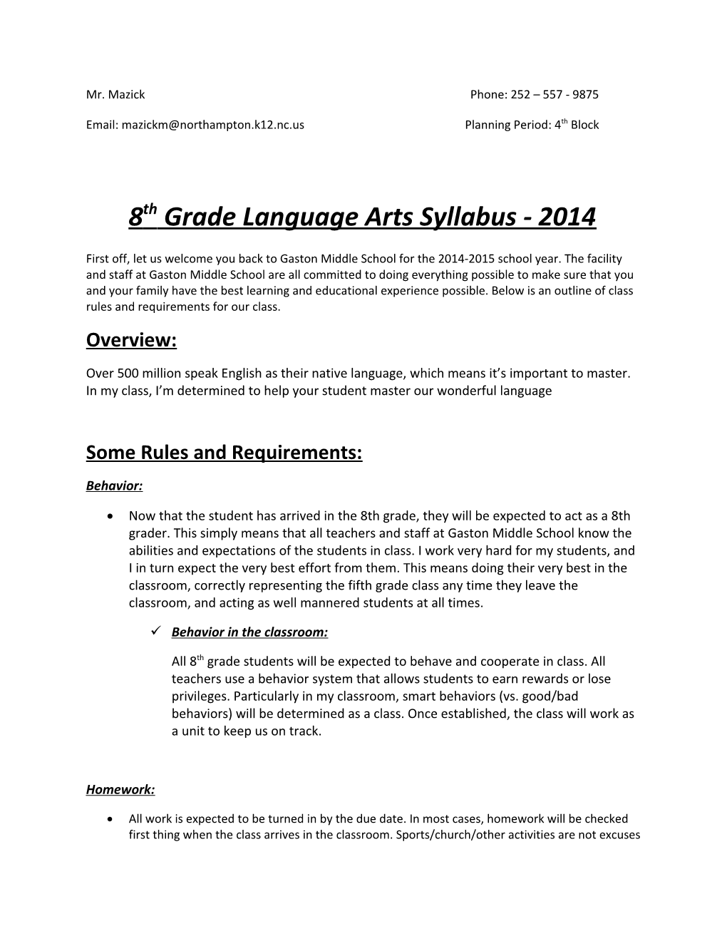 8Th Grade Language Arts Syllabus - 2014