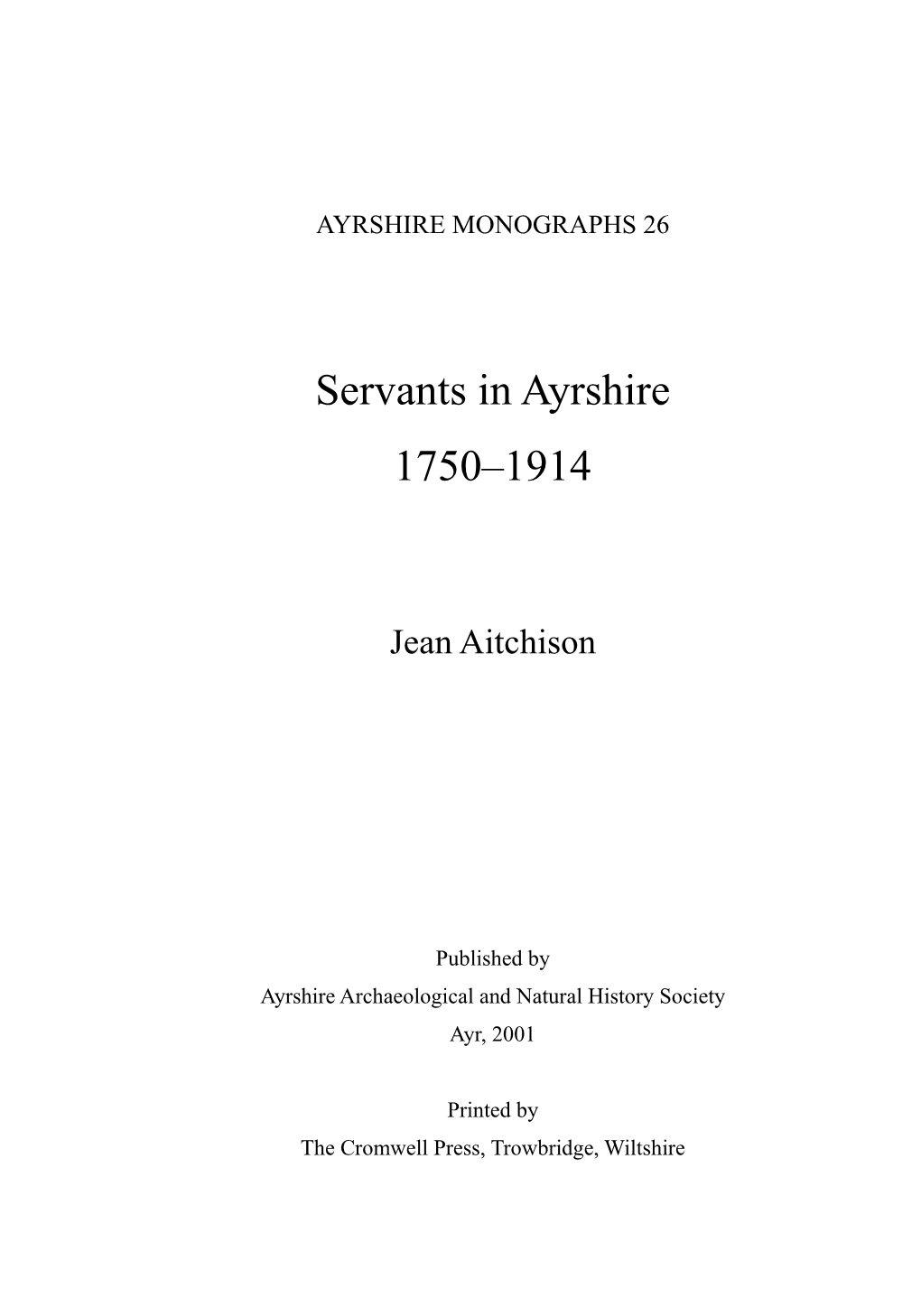 A Study of the Servant Class in South Ayrshire