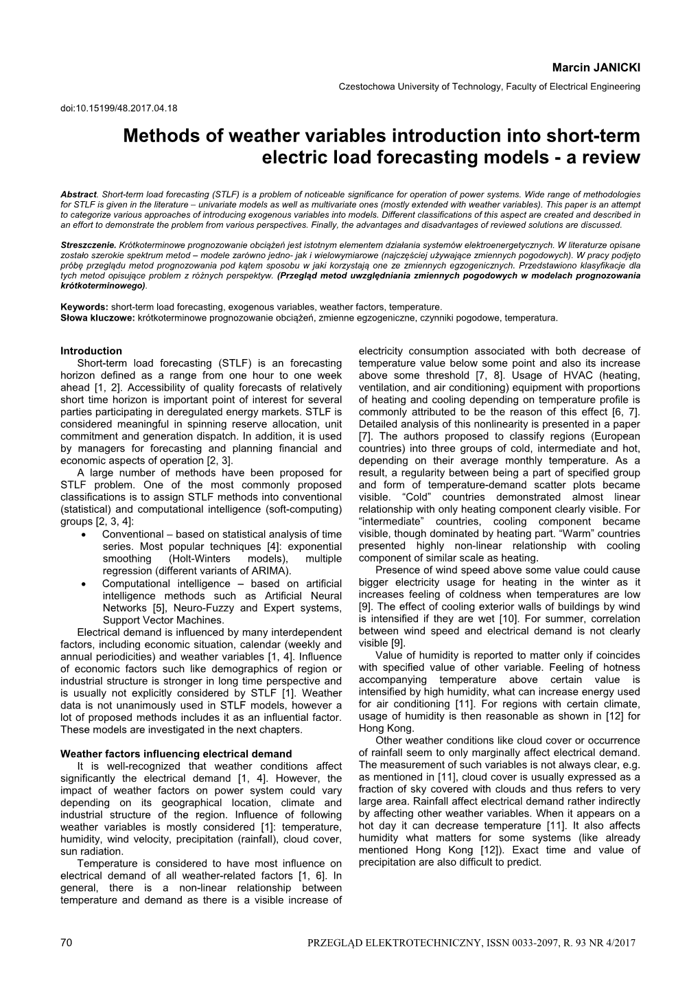 Methods of Weather Variables Introduction Into Short-Term Electric Load Forecasting Models - a Review