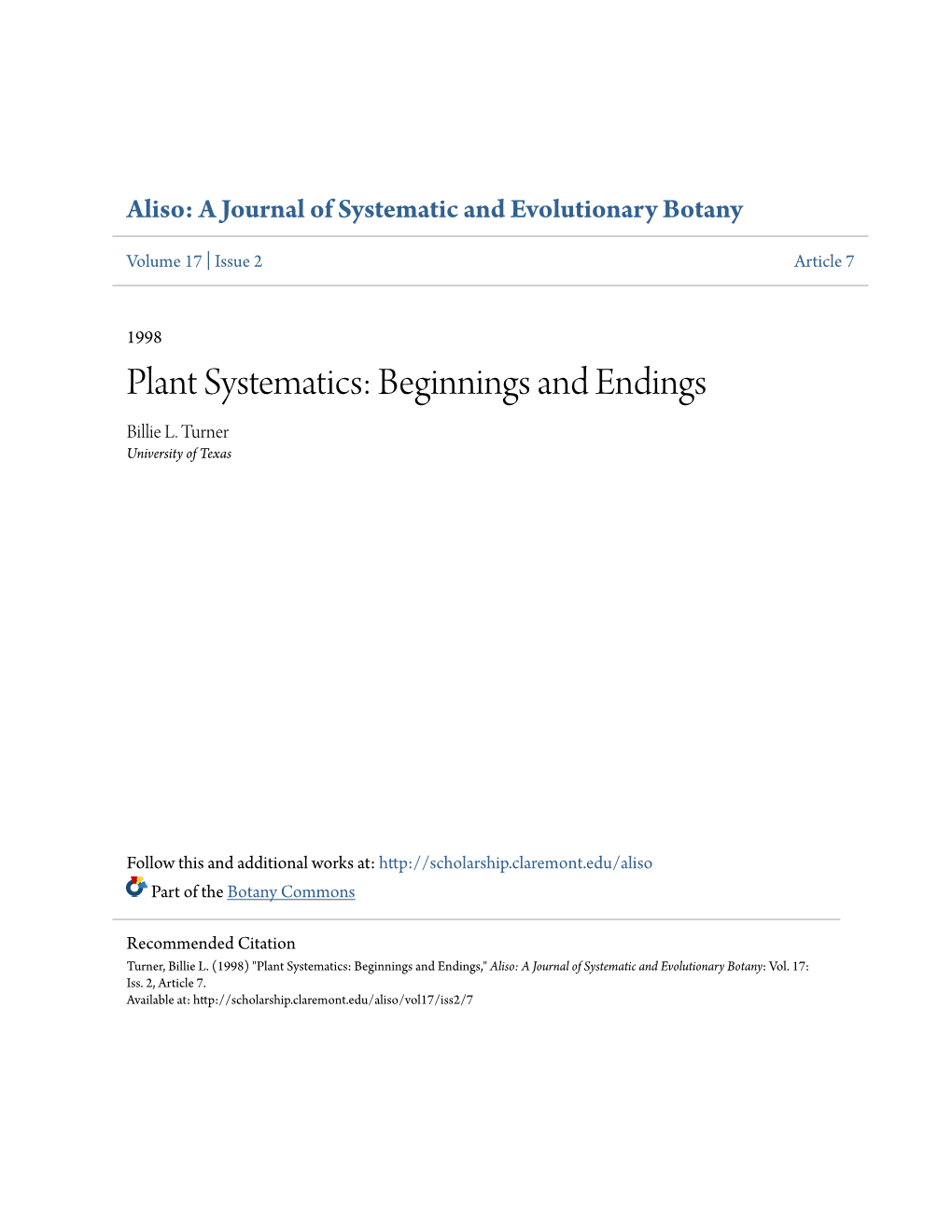 Plant Systematics: Beginnings and Endings Billie L