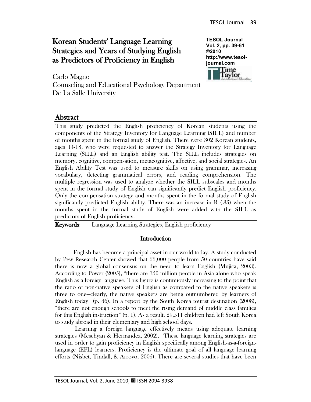 Assessing Korean Students' Second Language Learning and Their Proficiency in English