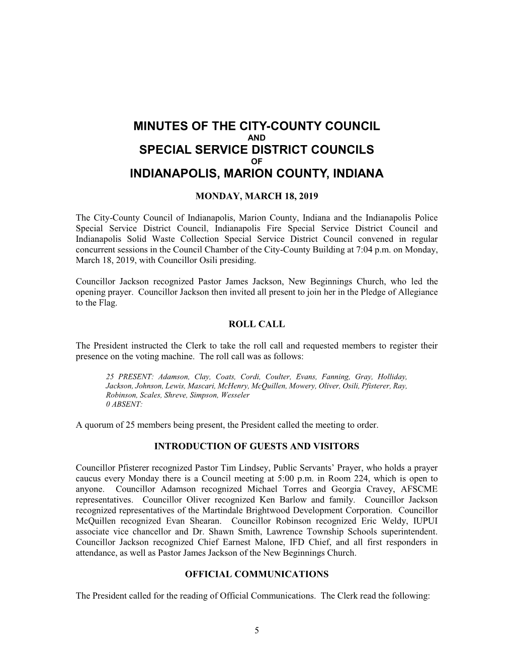 Minutes of the City-County Council and Special Service District Councils of Indianapolis, Marion County, Indiana