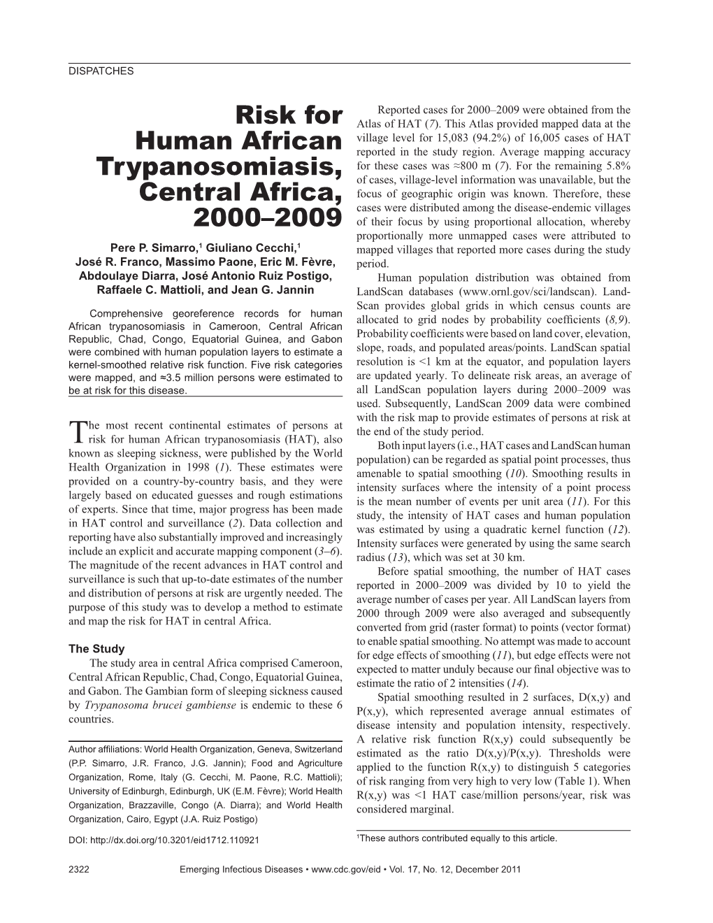 Risk for Human African Trypanosomiasis, Central Africa, 2000–2009 Category No