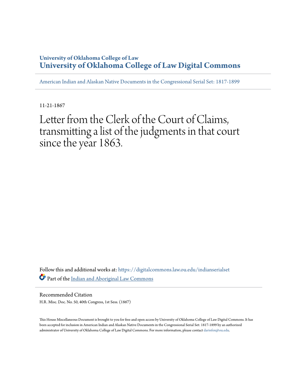 Letter from the Clerk of the Court of Claims, Transmitting a List of the Judgments in That Court Since the Year 1863