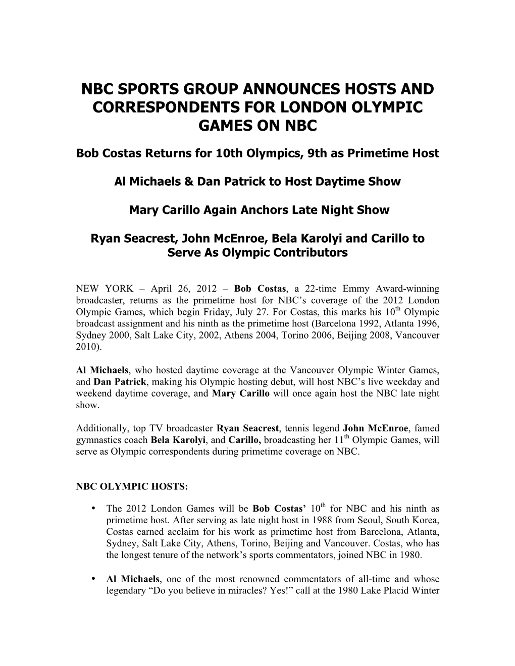 Nbc Sports Group Announces Hosts and Correspondents for London Olympic Games on Nbc