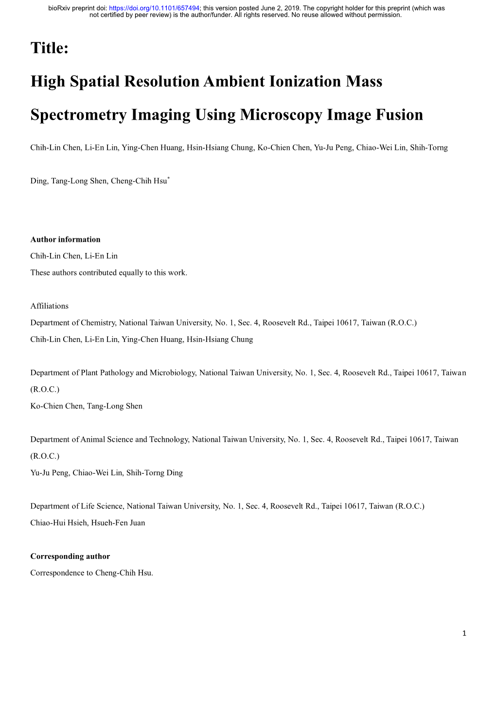 High Spatial Resolution Ambient Ionization Mass Spectrometry Imaging Using Microscopy Image Fusion