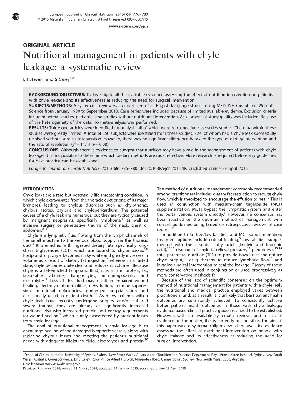 Nutritional Management in Patients with Chyle Leakage: a Systematic Review