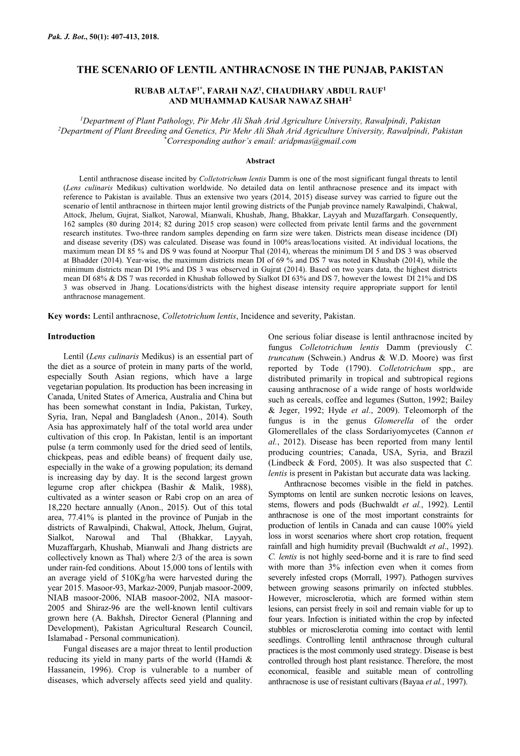 Scenario of Lentil Anthracnose in the Punjab, Pakistan