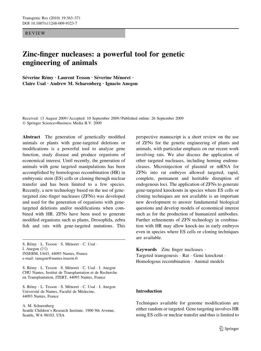 Zinc-Finger Nucleases: a Powerful Tool for Genetic Engineering of Animals