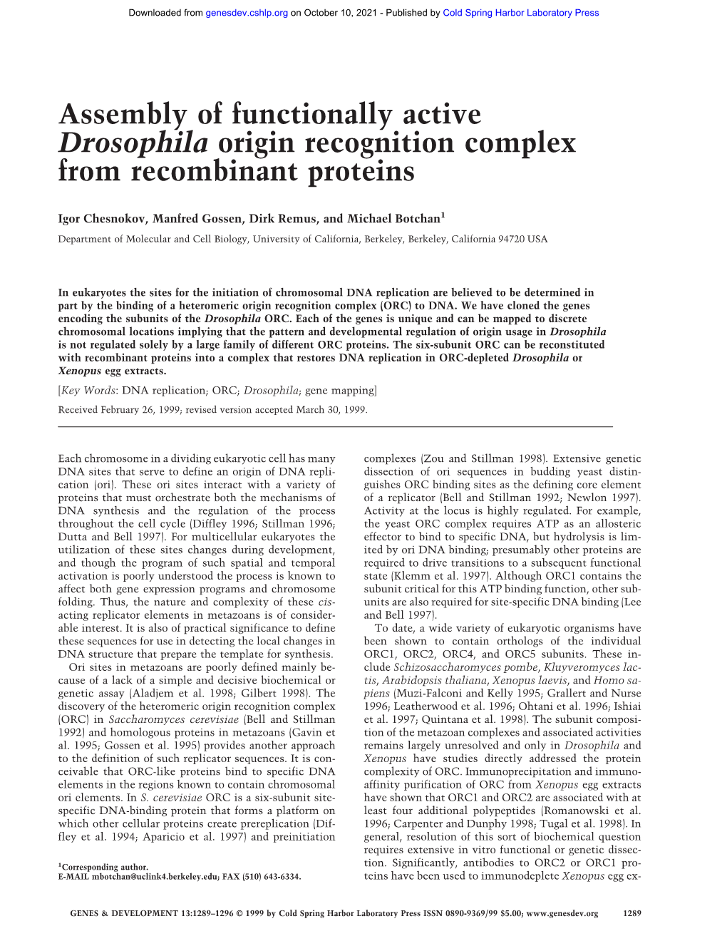Assembly of Functionally Active Drosophila Origin Recognition Complex from Recombinant Proteins