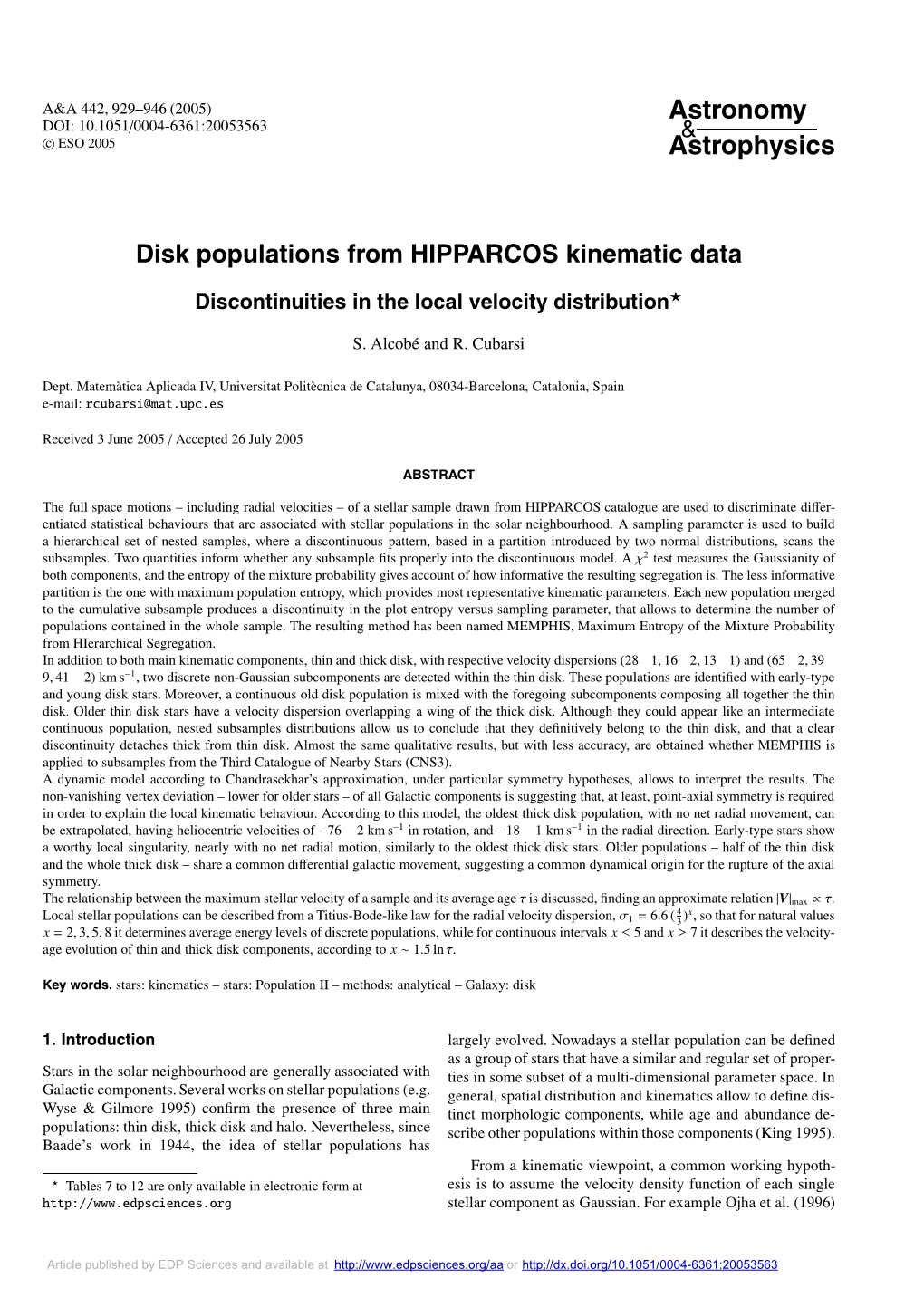 Disk Populations from HIPPARCOS Kinematic Data