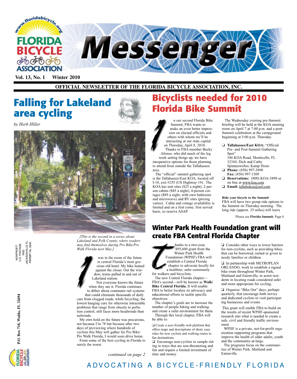 Winter 2010 OFFICIAL NEWSLETTER of the FLORIDA BICYCLE ASSOCIATION, INC